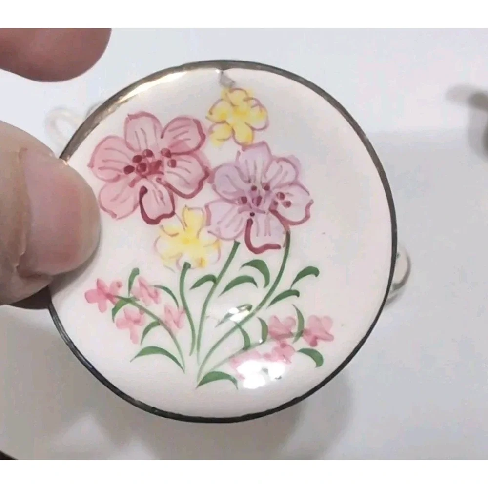 Dollhouse Set Of Miniature Ceramic Plates, Teapot, Cups, & Cream Vintage Flowers
